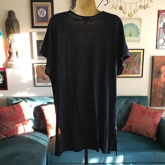 J JILL size XL Navy Blue Boho Embroidered Floral Linen Tee Tunic T-Shirt - Picture 3 of 4